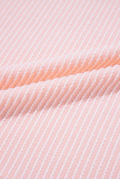 Pink Corded Knit Color Block Pocketed Crew Neck T Shirt