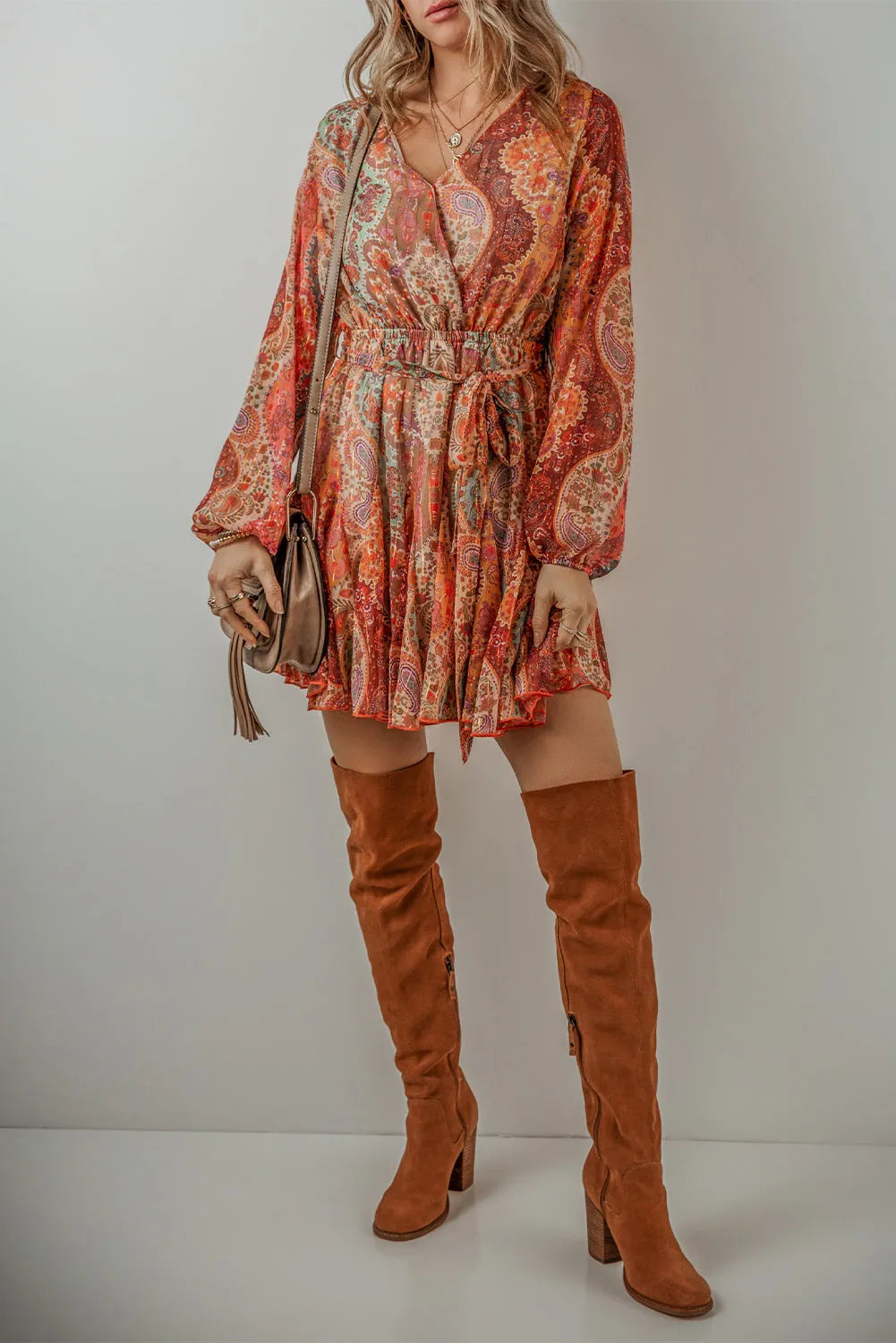 Orange Boho Paisley Print Long Sleeve Pleated Belted Mini Dress - Chic Meadow Boutique 