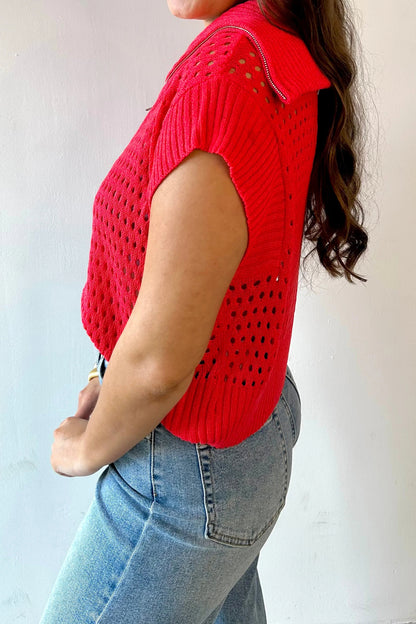 Fiery Red Solid Color Hollowed Knit Short Sleeve Zipper Collar Knitwear Top