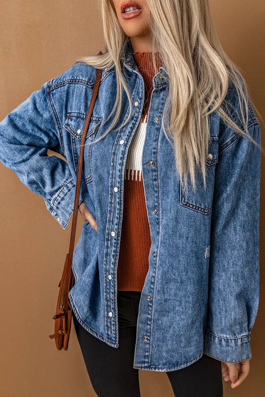 Chest Pockets Long Sleeve Denim Shirt Jacket - Chic Meadow Boutique 