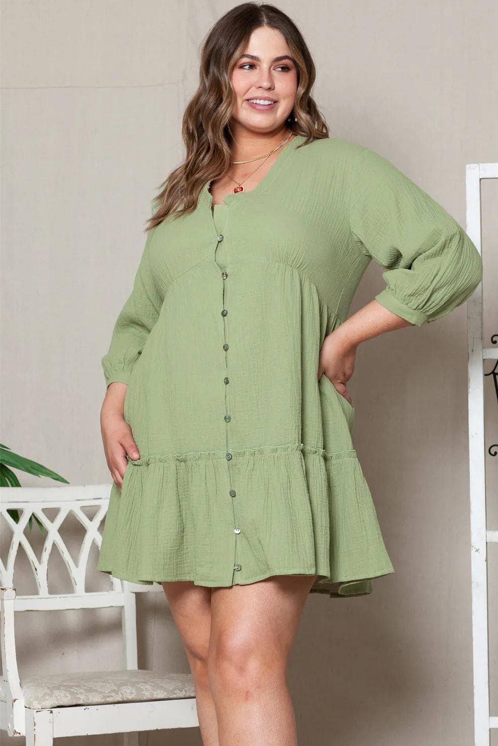 Plus Size/Plus Size Dresses/Plus Size Mini Dresses Green / 1X / 100%Cotton Green Textured Ruffled Buttoned V Neck Plus Size Mini Dress