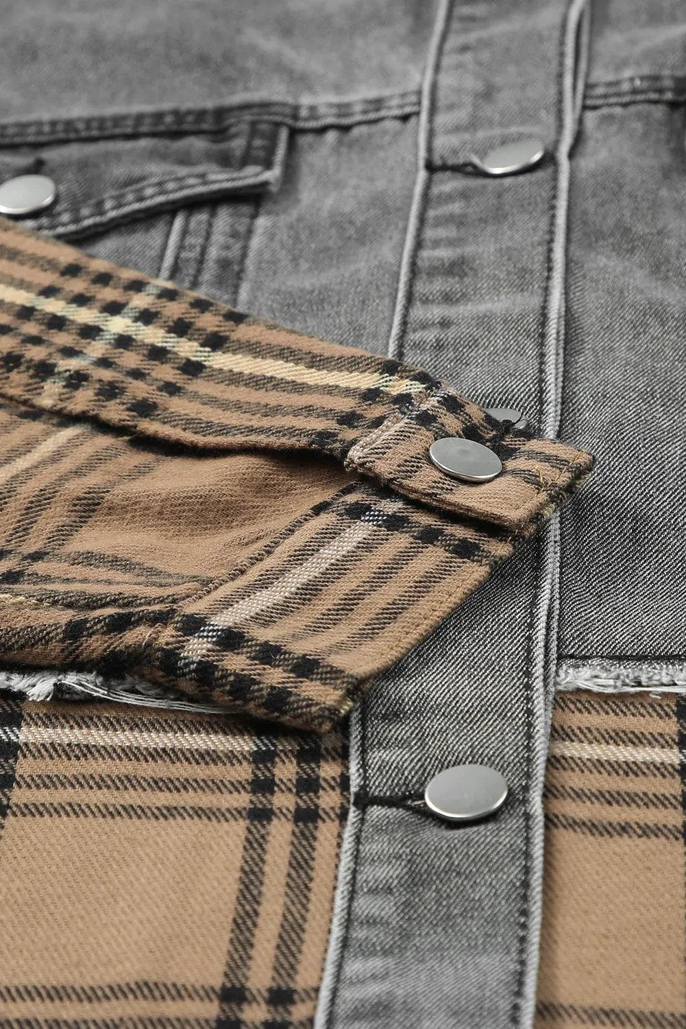 Outerwear/Denim jackets Medium Grey Plaid Patch Distressed Flap Pocket Denim Shacket