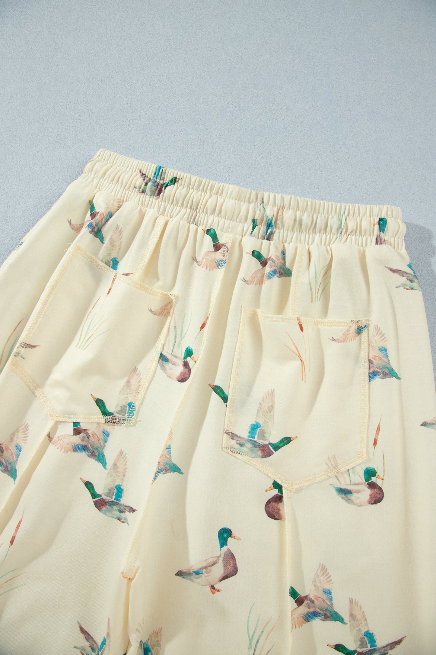 Beige Duck Print Short Sleeve Top Pocket Pants 2pcs Casual Set