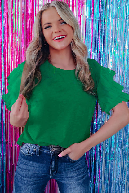 Dark Green Tulle Ruffle Sleeve Blouse