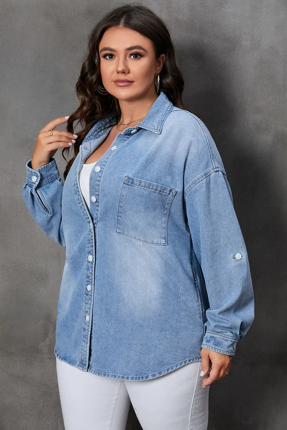 Sky Blue Plus Size Chest Pocket Button-Up Denim Shacket - Chic Meadow Boutique 