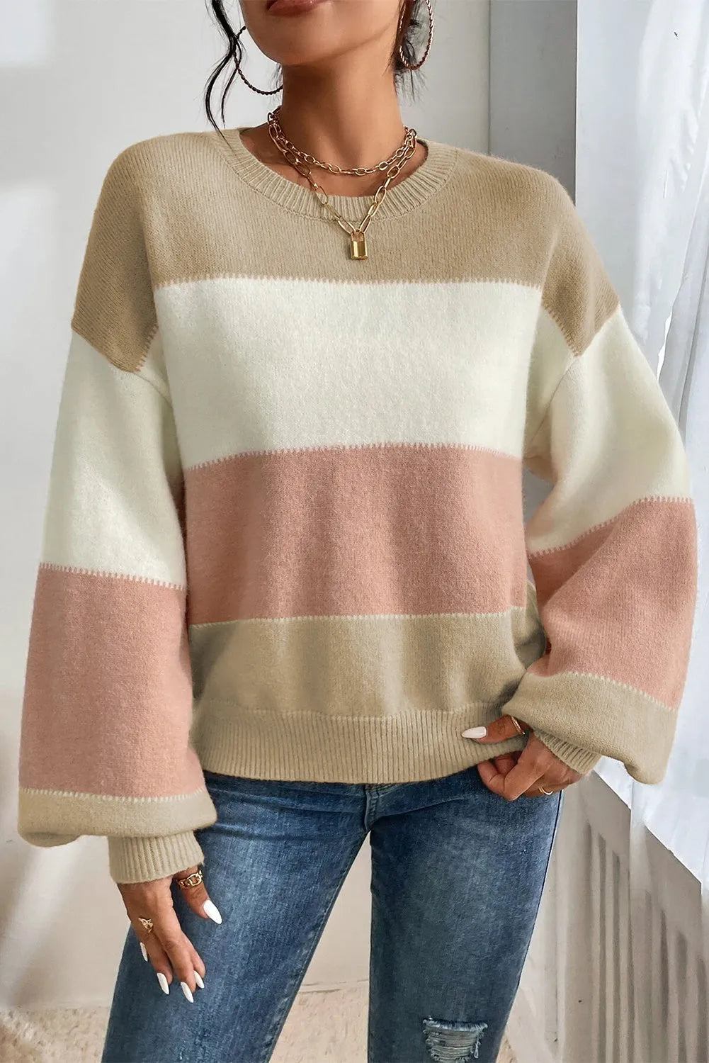 Dusty Pink Color Block Lantern Sleeve Drop Shoulder Sweater - Chic Meadow Boutique 