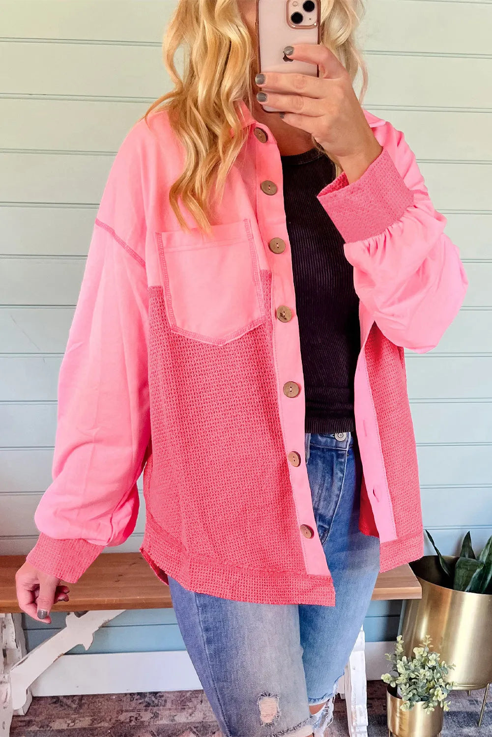 Peach Blossom Two Tone Contrast Waffle Knit Buttoned Loose Shacket - Chic Meadow Boutique 