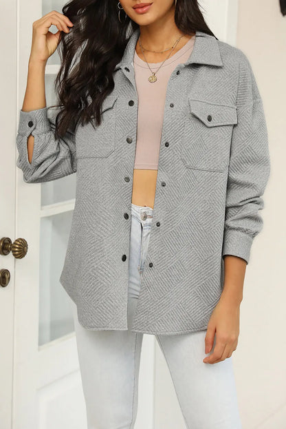 Gray Solid Textured Flap Pocket Buttoned Shacket - Chic Meadow Boutique 