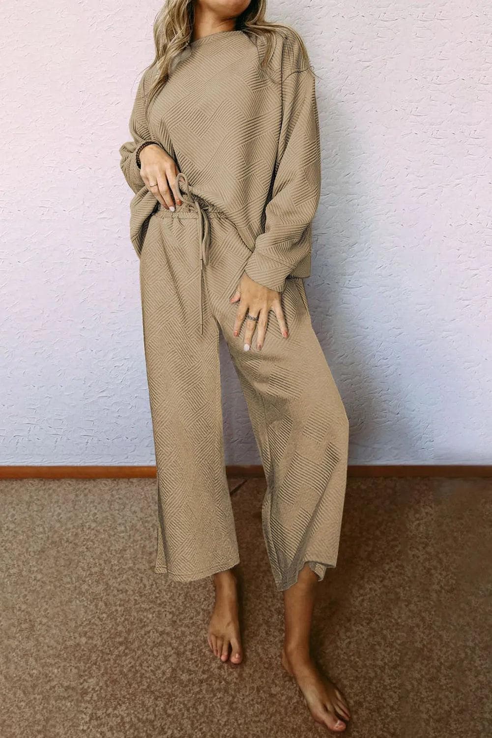 Two Piece Sets/Pant Sets Apricot khaki / S / 95%Polyester+5%Elastane Khaki Ultra Loose Textured 2pcs Slouchy Outfit