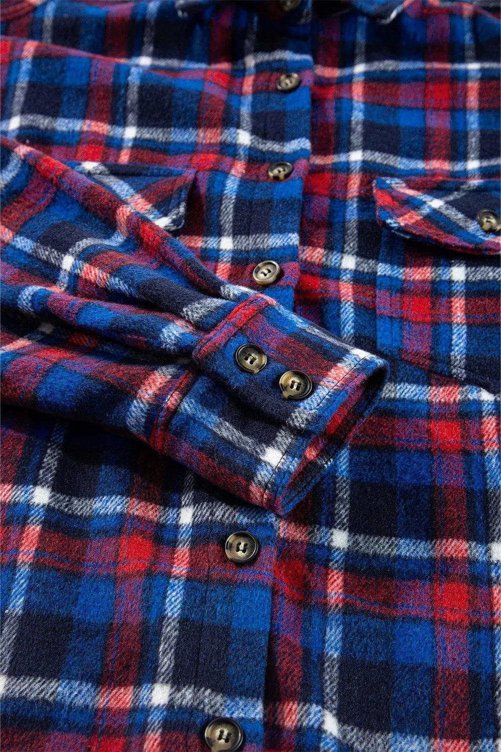 Outerwear/Plaid Shackets Navy Blue Plaid Flap Pocket Button Up Shacket