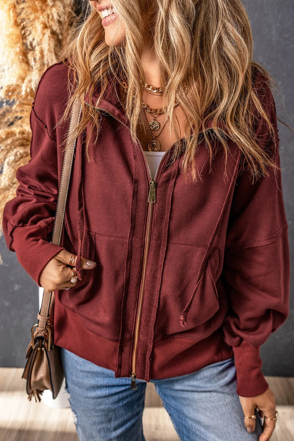 Brown Raw Edge Exposed Seam Full Zip Hoodie - Chic Meadow Boutique 