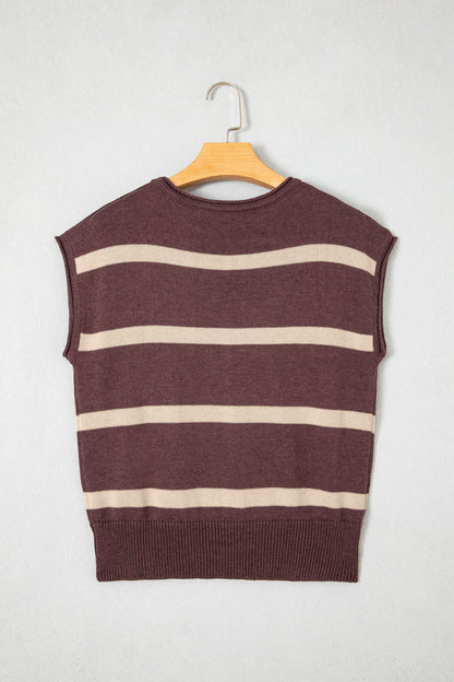 Brown Stripe Knit Western Short Sleeve Sweater