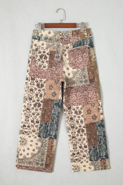 Khaki Patchwork Print Casual Shift Jeans