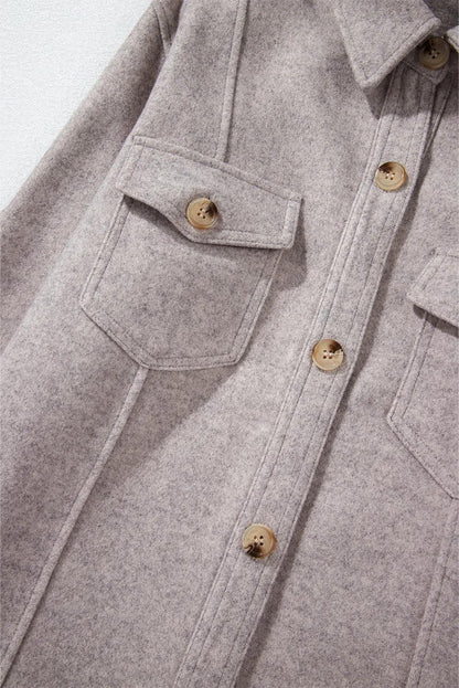 Outerwear/Jackets Light Grey Turn Down Collar Flap Pockets Buttoned Shacket