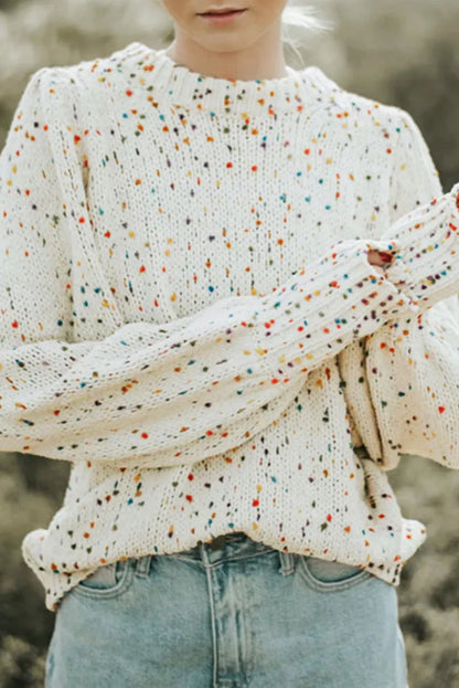 Beige Colorful Dots Cable Knit Crew Neck Sweater - Chic Meadow Boutique 