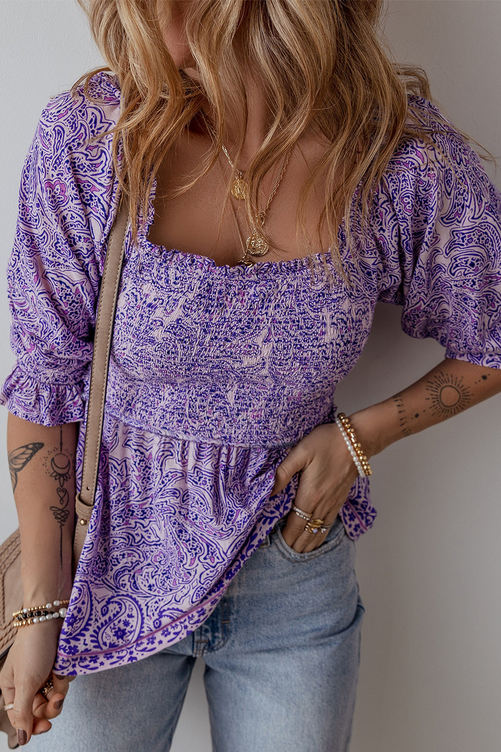 Purple Boho Paisley Print Half Sleeve Shirred Peplum Blouse