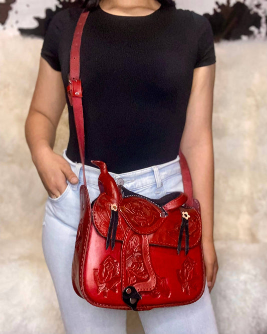 Red Rose Tooled Genuine Leather Saddle Purse