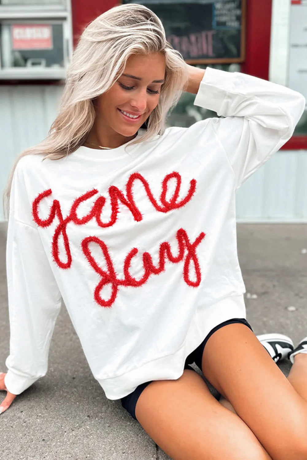 White Tinsel Game Day Drop Shoulder Graphic Sweatshirt - Chic Meadow Boutique 