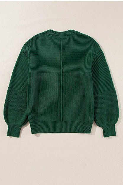 Blackish Green Textured Knit Crewneck Lantern Sleeve Sweater - Chic Meadow Boutique 