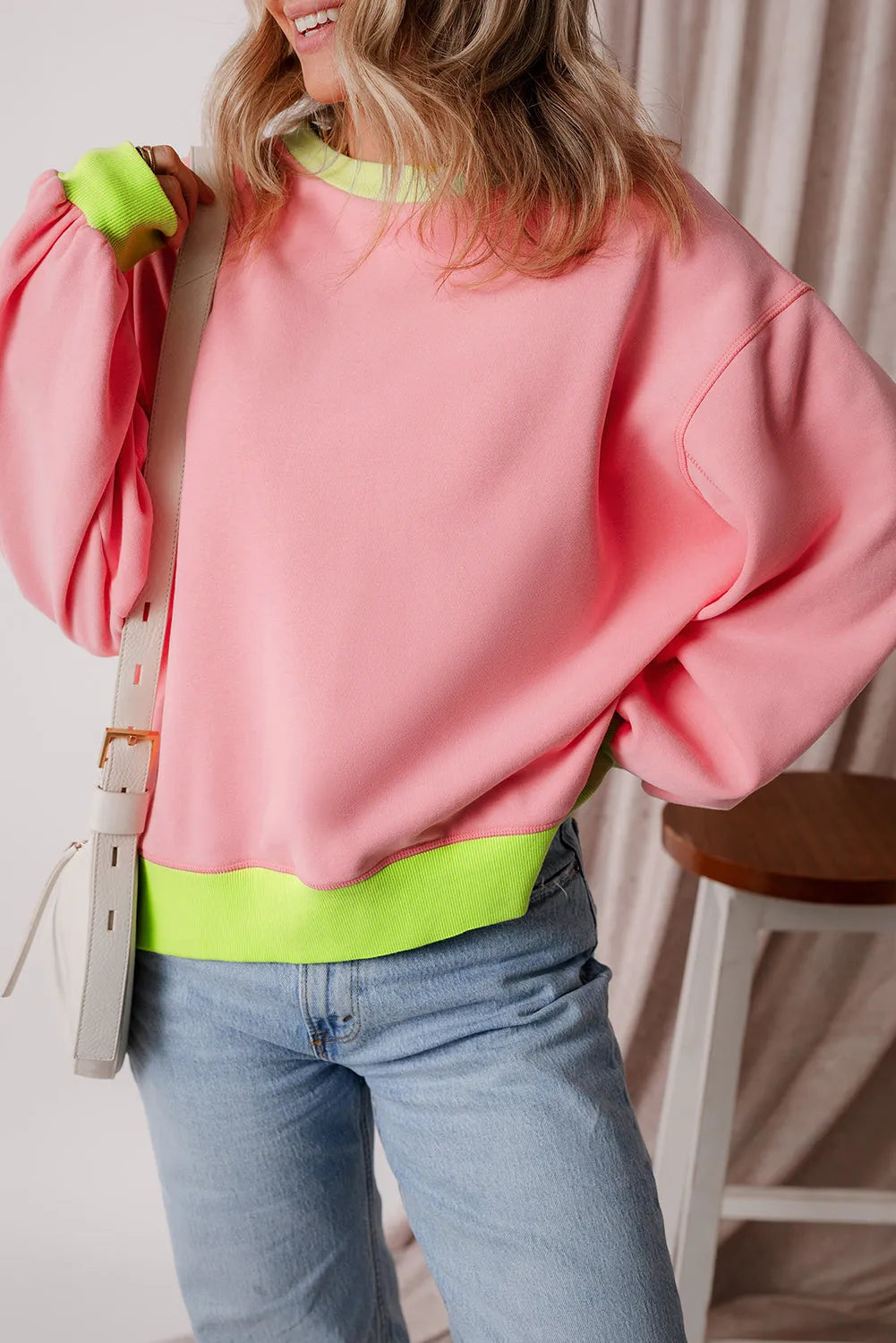 Pink Colorblock Bubble Sleeve Sweatshirt - Chic Meadow Boutique 