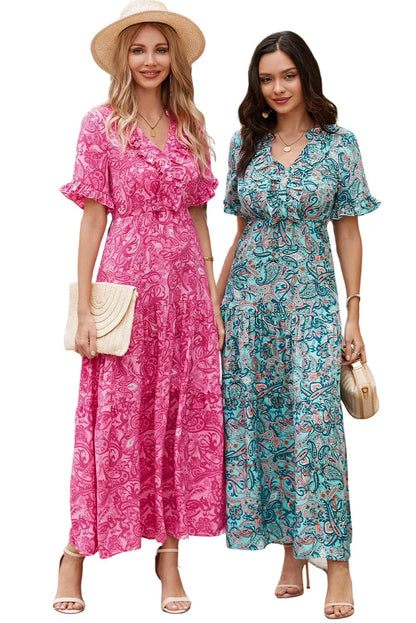 Pink Paisley Print Boho Holiday Ruffle Tiered Maxi Dress - Chic Meadow Boutique 