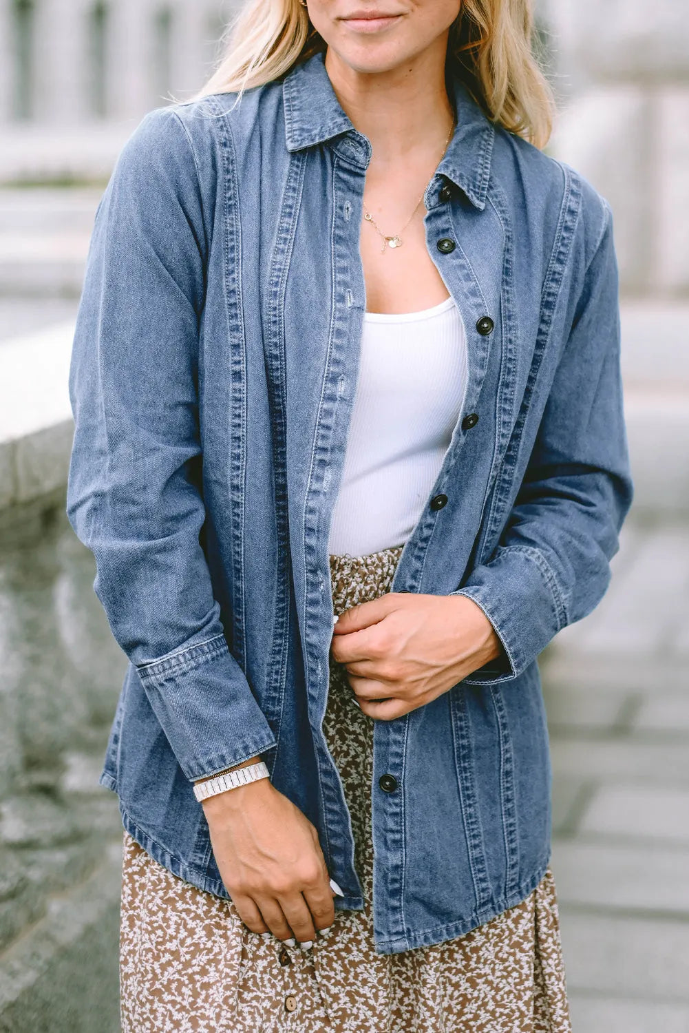 Sky Blue Button-up Long Sleeve Denim Shirt Jacket - Chic Meadow Boutique 