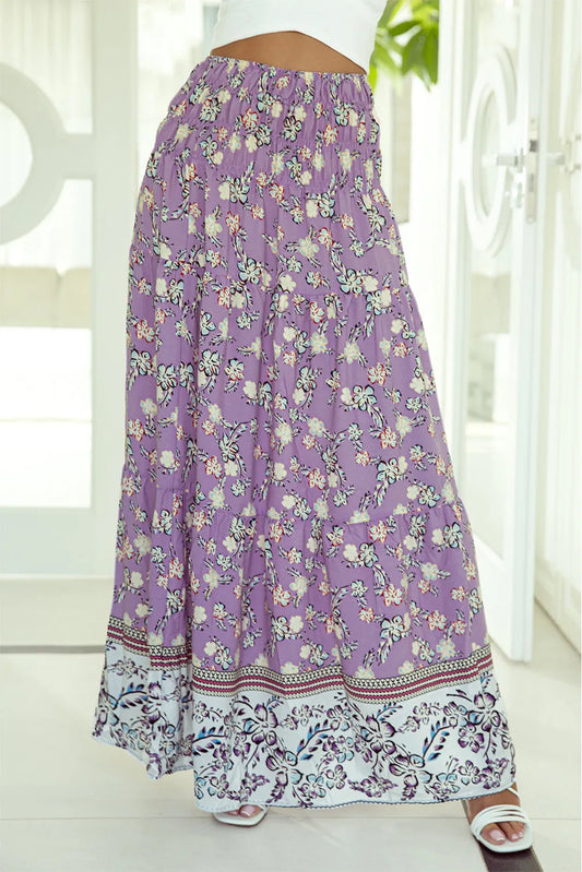 Purple Floral Print Shirred High Waist Maxi Skirt - Chic Meadow Boutique 