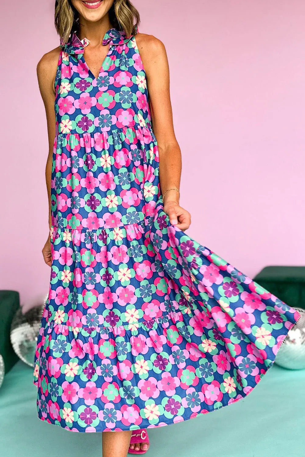 Blue Floral Print Frilly Neck Sleeveless Tiered Maxi Dress - Chic Meadow Boutique 