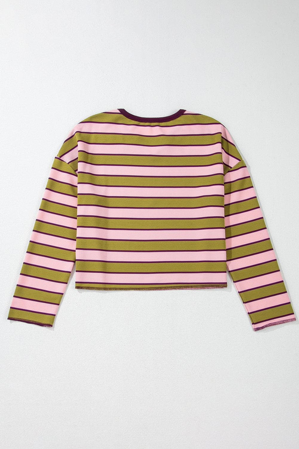 Tops/Long Sleeve Tops Spinach Green Clashing Stripes Waffle Texture Notched Neck Long Sleeve Top