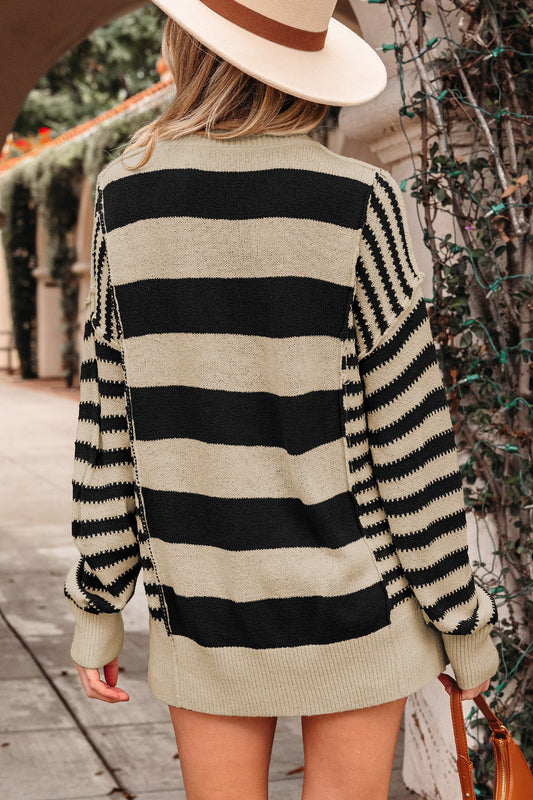 Black Stripe Drop Shoulder Sleeve Patchwork Baggy Sweater