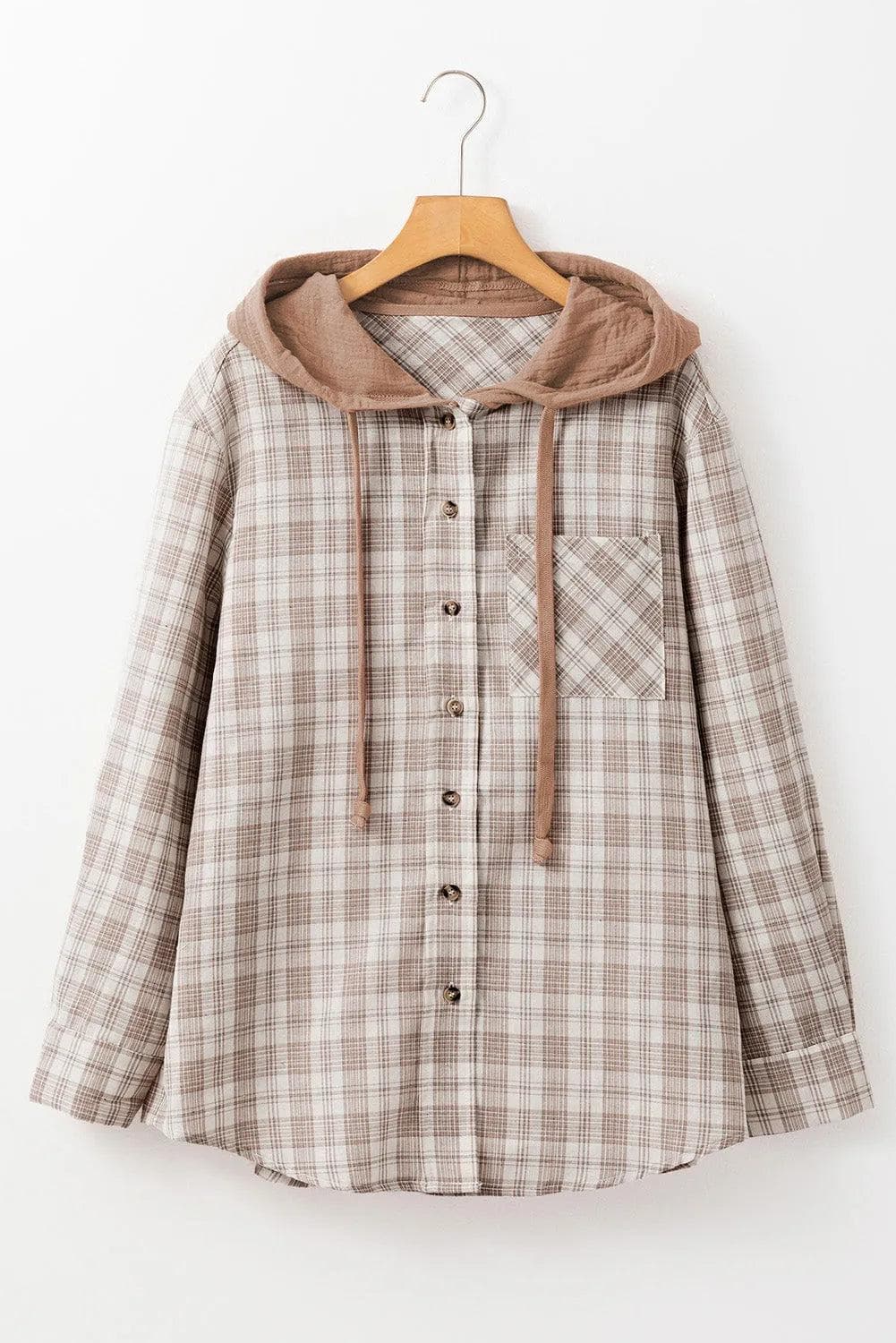 Outerwear/Plaid Shackets Khaki Checkered Print Loose Fit Buttoned Hooded Shacket