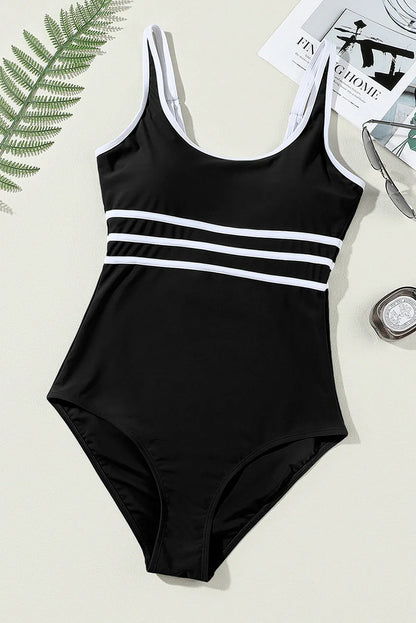 Black Contrast Trim Colorblock U Neck One Piece Swimwear - Chic Meadow Boutique 