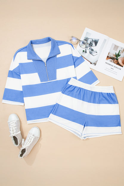 Sky Blue Stripe Seam Detail Half Zip Oversize Tee Casual Shorts 2pcs Set