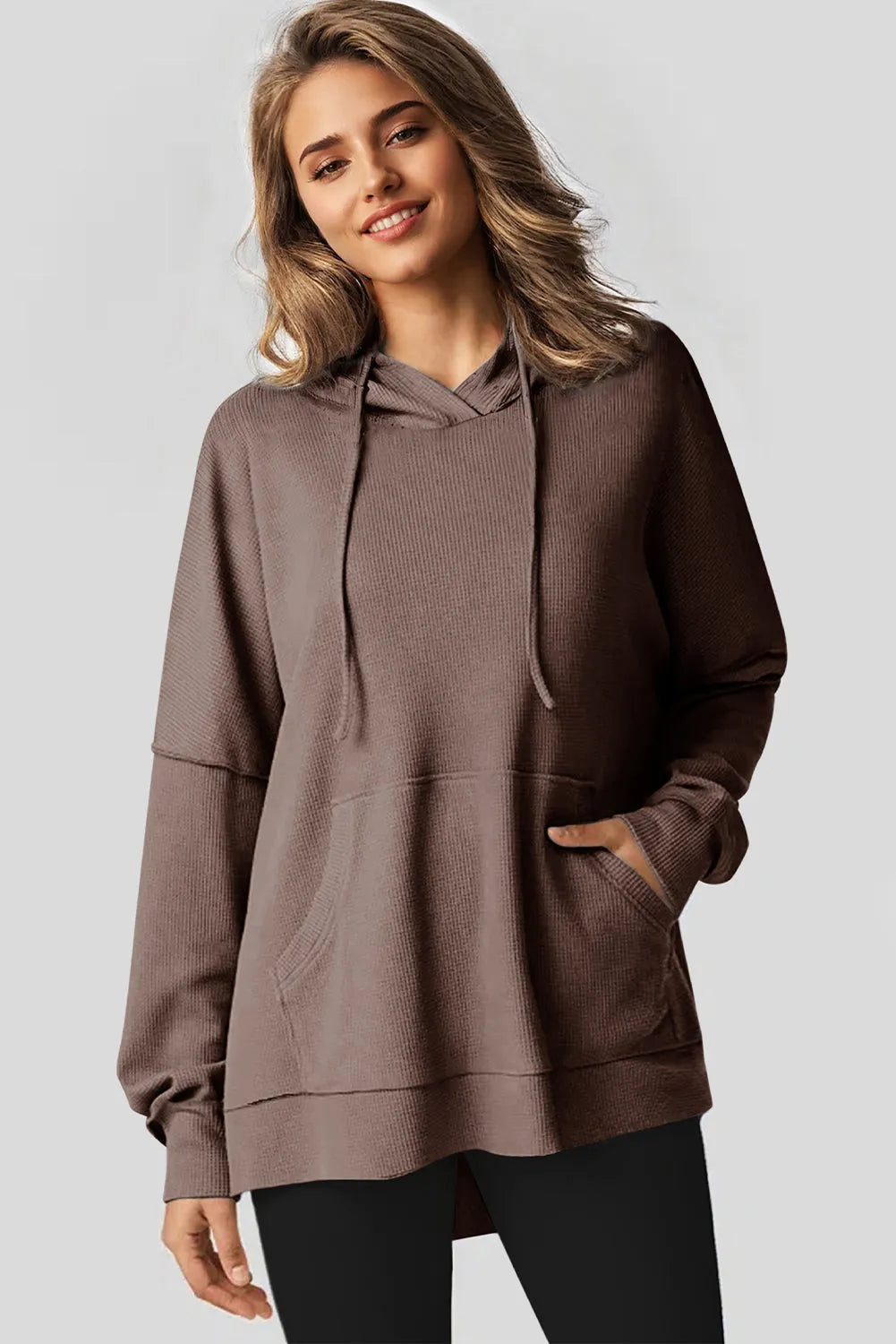 Coffee Waffle Knit Fleece Lined High Low Oversized Hoodie - Chic Meadow Boutique 