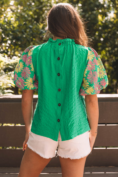 Bright Green Floral Puff Short Sleeve Ruffled Collar Button Back Top