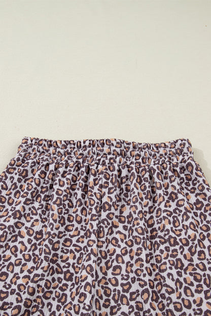 Khaki Leopard Ribbed Long Sleeve Top Drawstring Shorts 2pcs Outfit