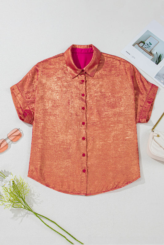 Rose Red Plus Size Metallic Sheen Short Sleeve Button Up Shirt