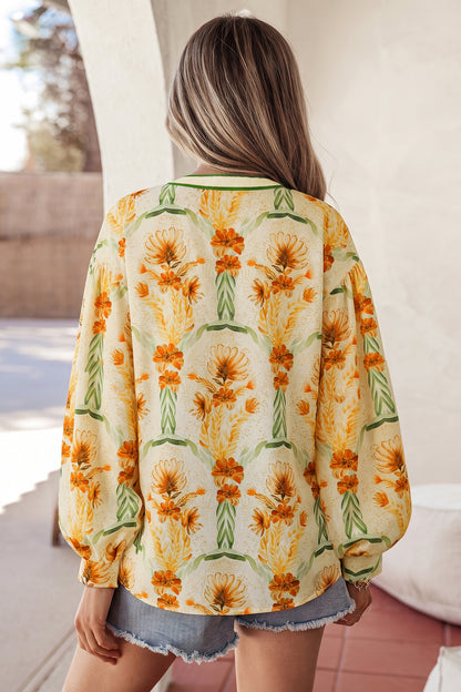 Yellow Floral Print V Neck Long Sleeve Shirt