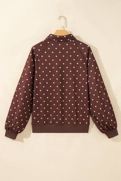 Brown Polka Dot Print Metal Button Collar Casual Pullover Sweatshirt