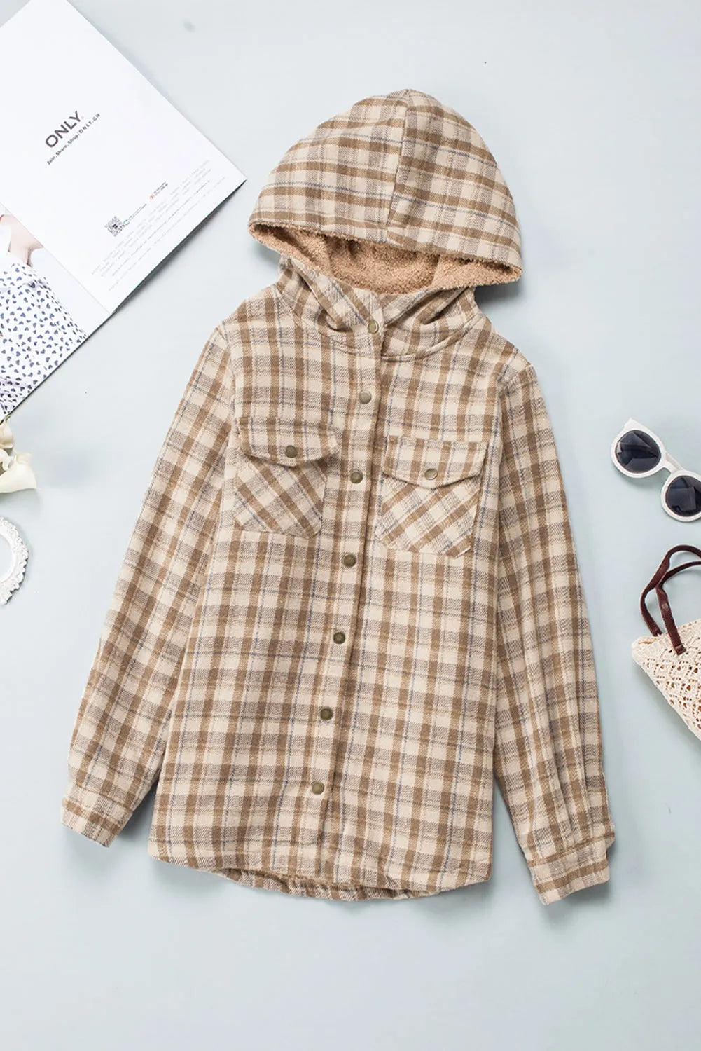 Khaki Plaid Pattern Sherpa Lined Hooded Shacket - Chic Meadow Boutique 