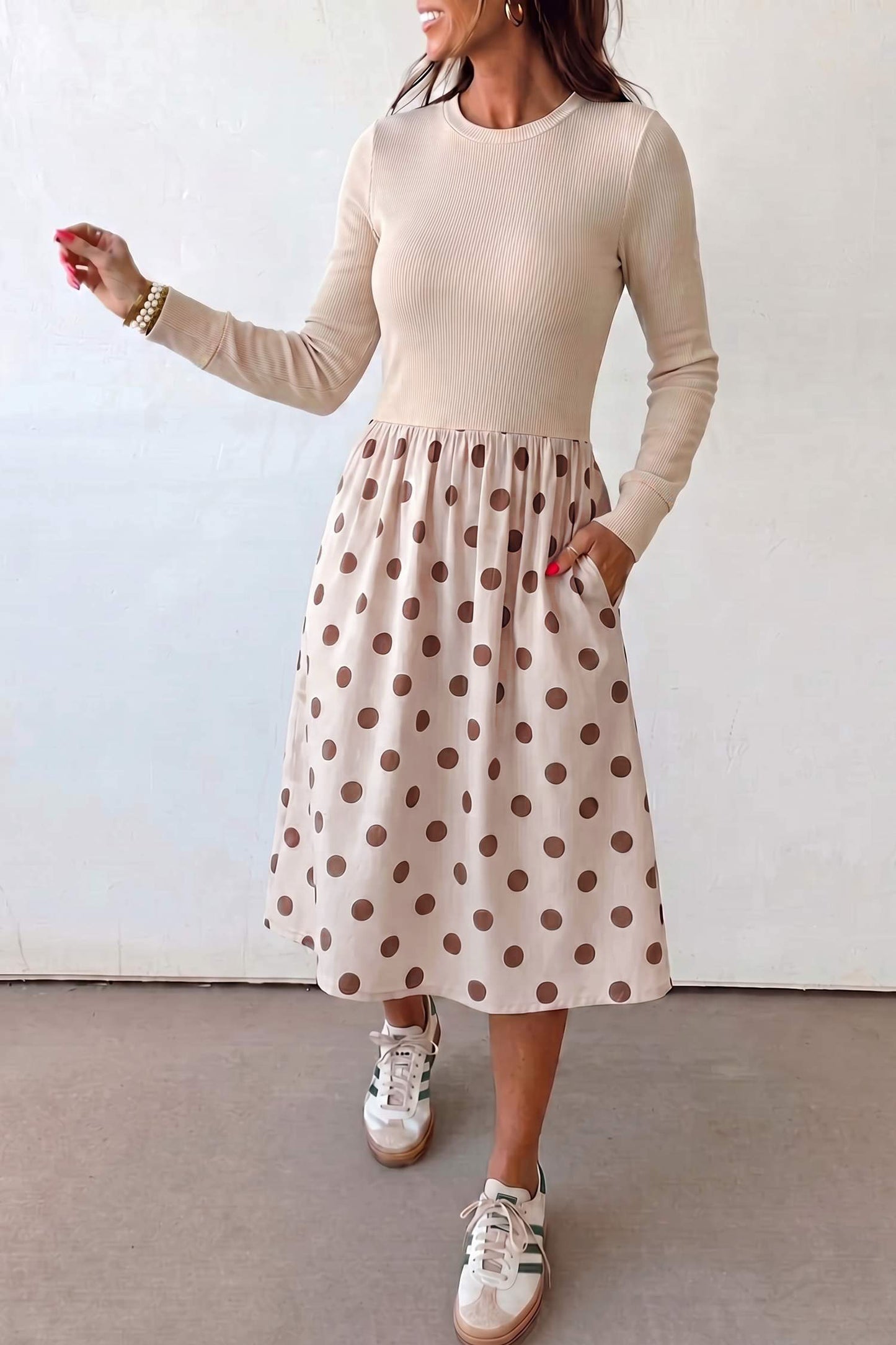 Beige Polka Dot Midi Long Sleeve Dress