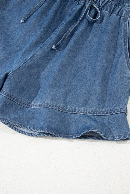 Sky Blue Buckle Straps Bib Style Drawstring Tied Backless Flared Denim Romper