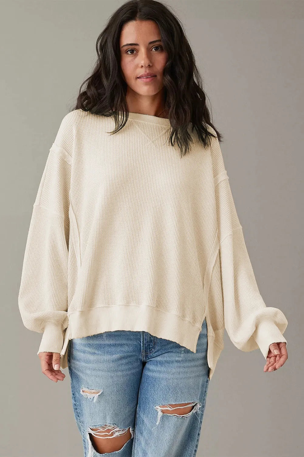 White Waffle Knit Bishop Sleeve Split Oversized Sweatshirt - Chic Meadow Boutique 