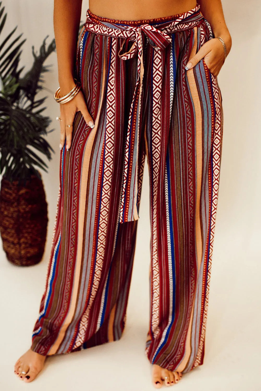 Red Boho Ethnic Striped Print Tie Waist Wide Leg Pants - Chic Meadow Boutique 