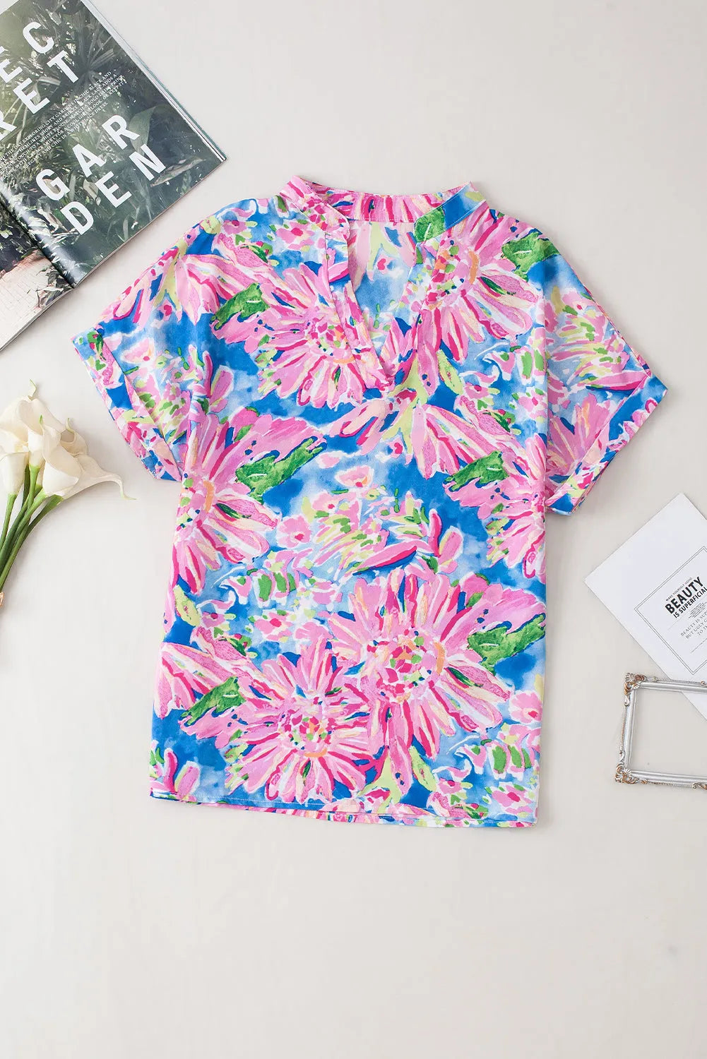 Pink Abstract Floral Print Notch V Neck Rolled Short Sleeve Blouse - Chic Meadow Boutique 