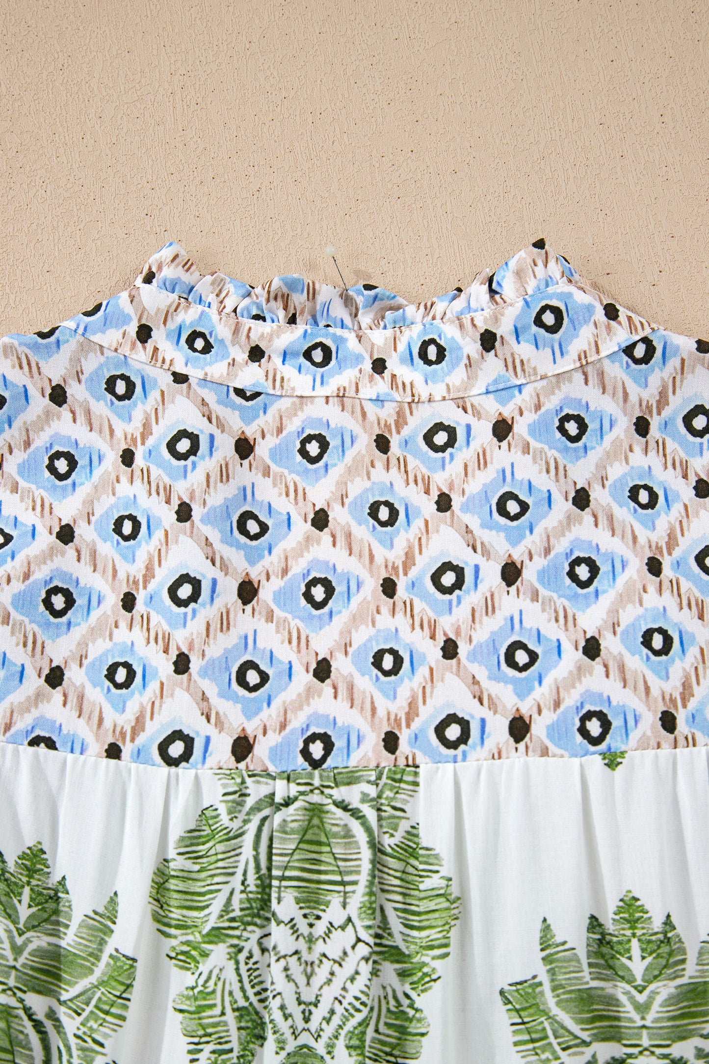 Green Floral Print Contrast Patchwork Ruffle Detail Mini Dress