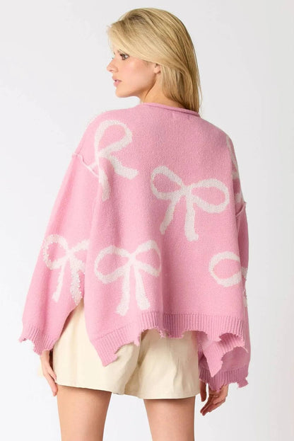 Sweaters & Cardigans/Sweaters Pink Pearl Beaded Bowknot Pattern Distressed Split Hem Sweater