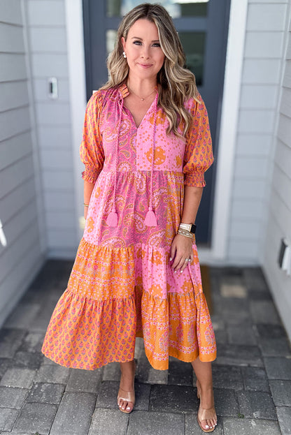 Pink Boho Paisley Floral Mixed Patchwork Tassel Tie Plus Size Midi Dress