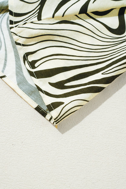 White Zebra Stripe Print Contrast V-Neck Ricrac Detail Short Sleeve Blouse Top