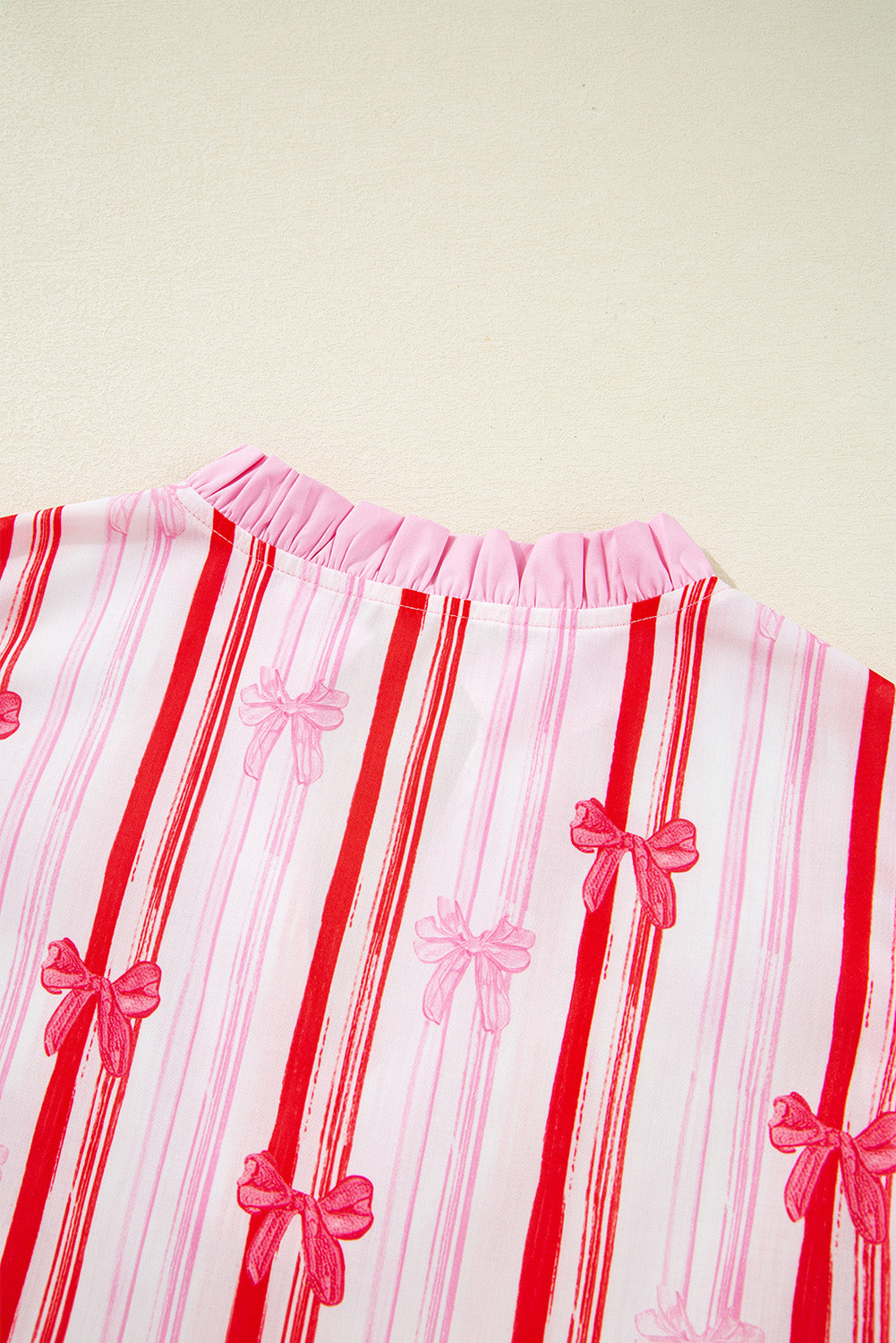 Pink Ric-rac Trim Ruffled Sleeve V Neck Bow Striped Printed Blouse